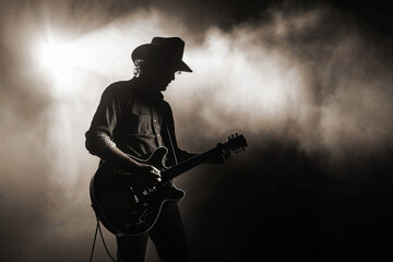 Man playing a guitar on a smoky stage, silhouetted by a spotlight - obrazy, fototapety, plakaty