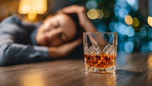 passed out, head on table, hand holding whiskey, blurred background, symbolizing alcoholism and dependency