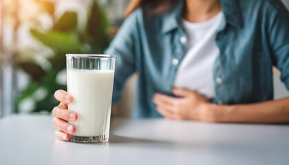 Blurred woman's hand on table with milk, depicting lactose intolerance