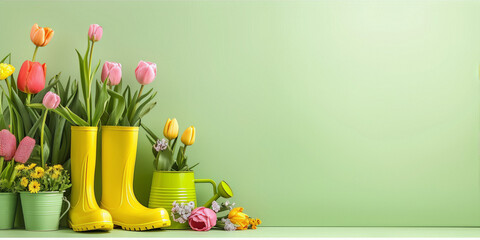 Colorful tulips and other flowers in a green watering can and yellow boots on a green background - obrazy, fototapety, plakaty