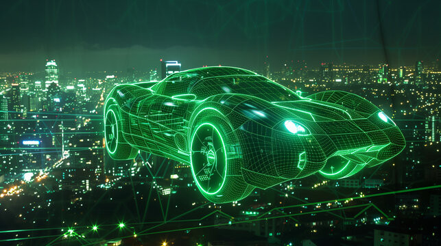 a light up sport car flying in the sky, illustration of a computer