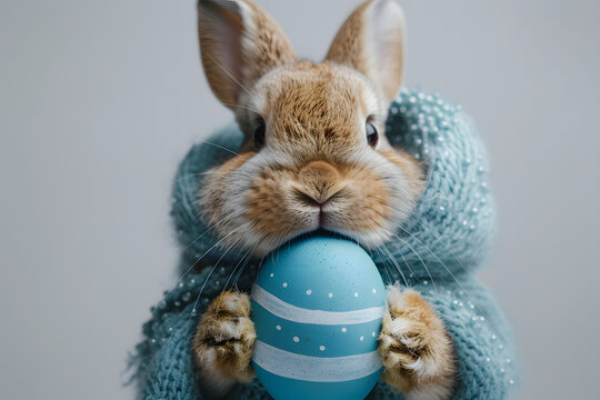 a cute beige rabbit is carrying the azure Easter egg, Rabbit is wearing blue jacket with buttons and striped scarf, smilecore, cutecore, bold colors, white background