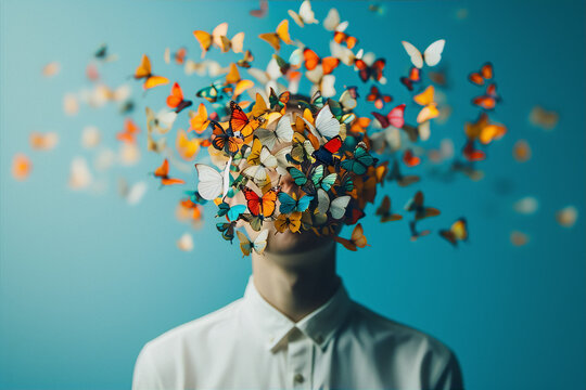 Surreal photo of a person with butterflies on their head and shoulders against a blue background.
