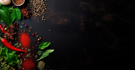 Fotobehang red hot chili pepper, spices, basil leaves, lettuce, parsley, dell flat lay on dark background banner copy space vegetables ingredients coocing vegetarian farming fresh healthy meal © lidianureeva
