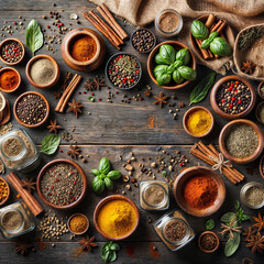 Fototapeta na wymiar A wooden table with various spices in bowls, including basil, cinnamon, and saffron.