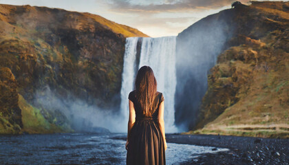 woman in sheer dress gazes at waterfall, lost in contemplation - obrazy, fototapety, plakaty