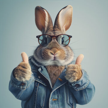 A photo of a rabbit wearing glasses and a denim jacket giving a thumbs up.