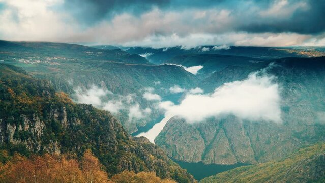 Mountain view. Clouds over river Sil Canyon in Parada de Sil, Galicia, Spain. View from Cabezoa lookout. Tourist attraction.