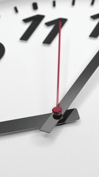 A White Wall Clock With The Time Of 8.00 Am Or Pm. A Black Hands and Red Second Hand Of The Clock, The Concept Of Time. Vertical.