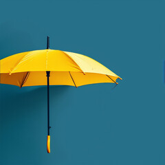 Yellow opened umbrella against blue background, protection and safety concept