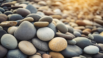 Fototapeta na wymiar Smooth river rocks, nature's art, symbolize tranquility and resilience in a serene backdrop