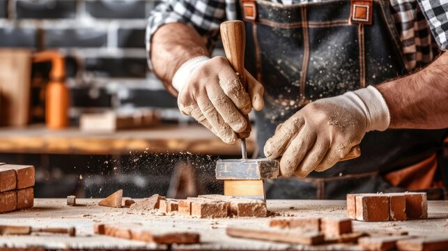 Close-up of a craftsman's hands using a chisel and mallet to carve intricate details in a woodworking workshop