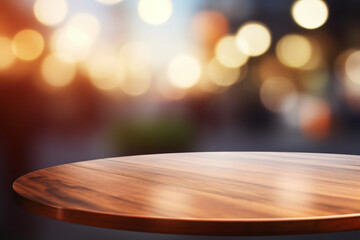 empty wooden table, abstract blurred background, bokeh lights, for mounting your product, for display product - obrazy, fototapety, plakaty