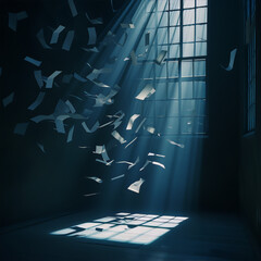 Dark and dusty room with a single ray of light from the window, with papers chaotically flying around - obrazy, fototapety, plakaty