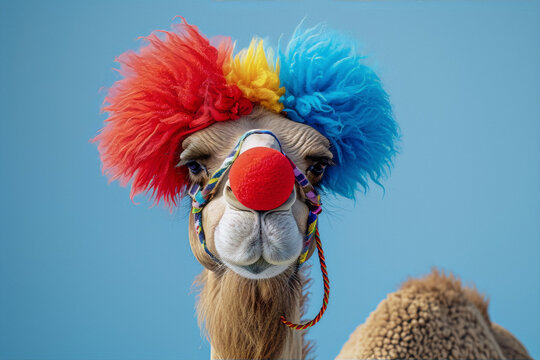 A camel wearing a red, yellow, and blue clown wig and a red nose against a blue background.
