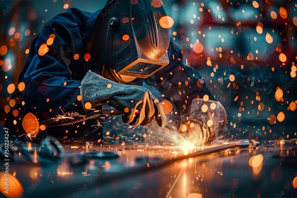 Poster Skilled welder at work Creating a masterpiece of metalwork Amidst a backdrop of sparks and bokeh Showcasing craftsmanship and precision