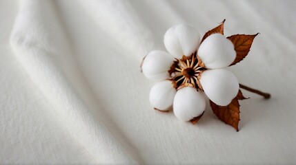 Fototapeta na wymiar Cotton flower on white cotton fabric cloth backgrounds with copy space created with generative ai