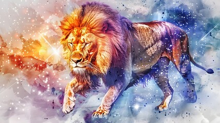 Colorful Cosmic Lion Walking in Futuristic Digital Art