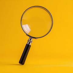 A magnifying glass with a black handle is tilted against a bright yellow background in this 3D illustration.