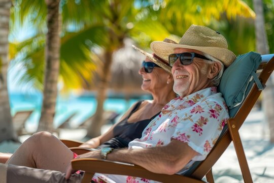 Senior couple enjoying retirement on a tropical beach Relaxing on sun loungers Showcasing leisure Travel And quality of life in later years