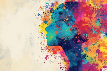 Fototapeta premium Abstract mental health concept Vibrant illustration of a woman's profile filled with colorful Joyful splatters