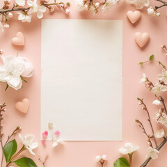 Obraz na płótnie Canvas Pink blossoms and hearts frame a blank note on a pink background, conveying a romantic and delicate aesthetic.