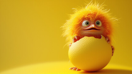 Fluffy yellow creature hatching from a yellow egg on a yellow background, 3D rendering, cartoon, cute, yellow,??,??