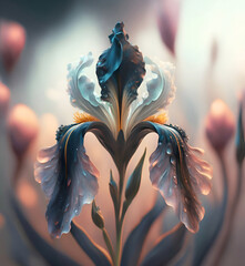 Fototapeta premium beautiful art black-white iris flower against soft pale background. Digital artwork. close up. paint style. Ai generated