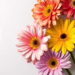 Five multi-colored Gerberas on a white background, photographed up close.