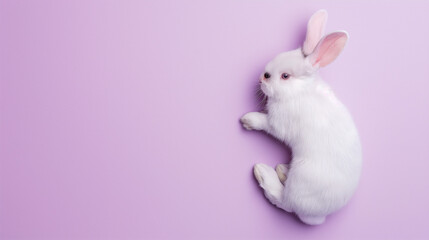 Fluffy white bunny on a purple background, evokes feelings of softness, innocence, and springtime.