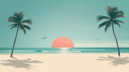 Fototapeta na wymiar Tropical Sunrise - Palm Silhouettes and Serene Ocean - Idyllic Vacation Scene - Spring Break Calm - Generative AI
