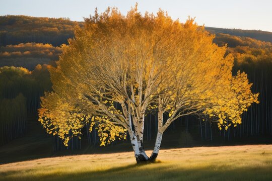 A high quality stock photograph of a single birch tree on nature background