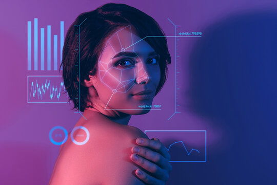 Composite collage picture image of attractive young female futuristic technology face beauty analysis data science