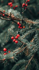 Festive Christmas tree branches with red berries