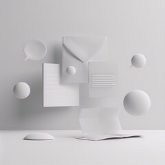 3D illustration of a letter, an envelope, and speech bubbles floating in a white void.