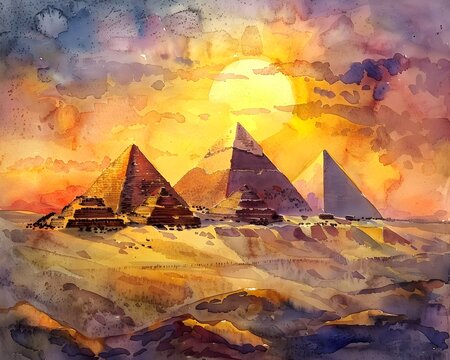 Watercolor Sunset Over Pyramids of Giza in Egyptian Art Style