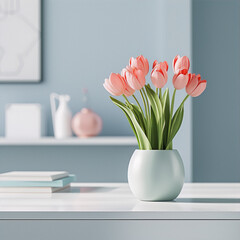 3D render of pink tulips in a vase on a white table with a blurred background in pastel colors.