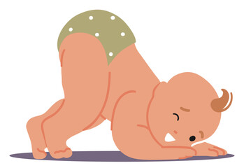 Baby Pose, Little Infant Stands With Buttocks Raised, Forming an Arch. Playful And Relaxing Position. Child Character