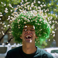 Green-haired man covered in popcorn with a huge smile on his face.