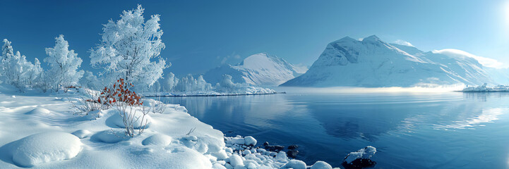 beautiful snowy mountain landscape, winter scenery with blue sky