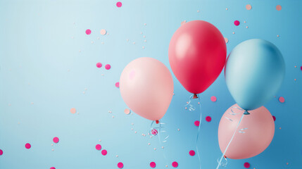 Pink , blue and cream balloons against a blue background with pink confetti evoke a cheerful and festive celebration.