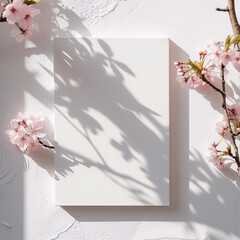 Pink cherry blossom branches with white textured background and canvas