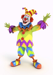 Naklejka premium 3d illustration of a happy clown with a red nose, wearing a colorful costume and a jester's hat