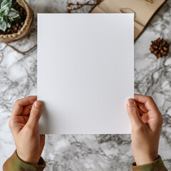 Obraz premium Blank paper in hands over marble background, mockup