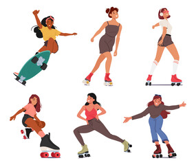 Teen Girls Glide Effortlessly On Roller Skates, Laughter Echoing In The Park, Hair Flowing, As They Maneuver Gracefully © Anna Syvak