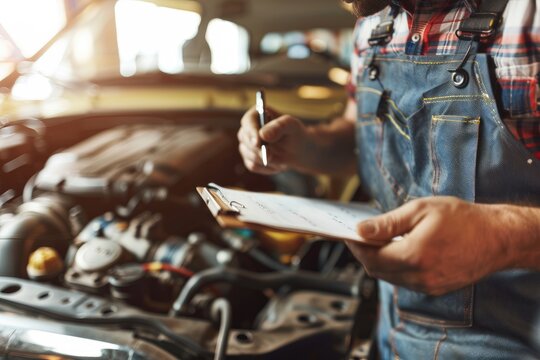 Close-up view of a mechanic at work, holding a clipboard next to a car engine, possibly diagnosing issues