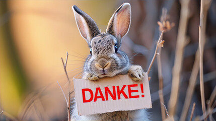 Cute bunny rabbit holding a thank you sign in its paws