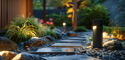 a modern garden with lighting and rocks