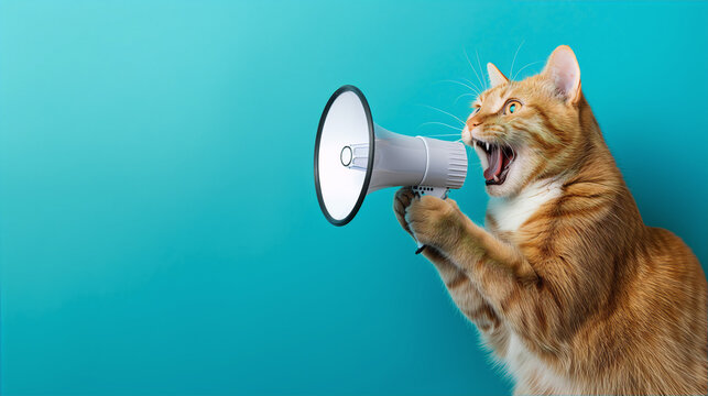 A ginger cat holding a megaphone with its mouth wide open against a blue background, conveying a sense of urgency and a message that needs to be heard.