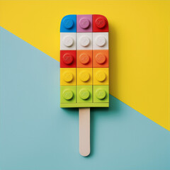 Lego bricks in popsicle shape on blue and yellow background, still life, pop art.